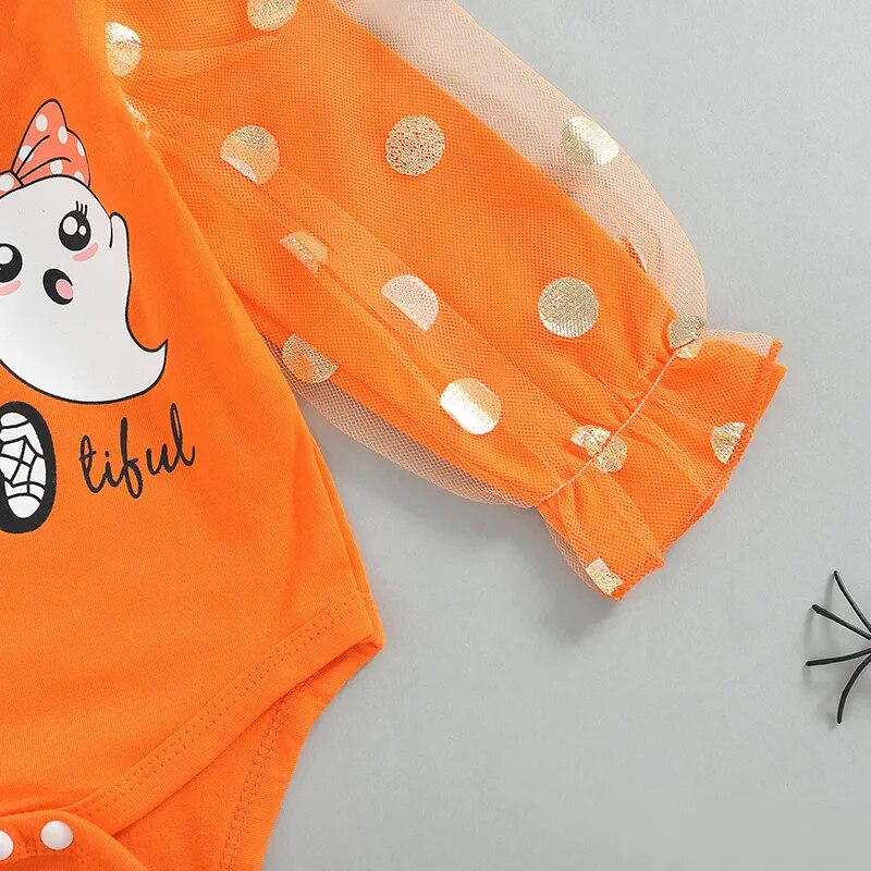 Newborn Baby Girl Halloween Outfit Mesh Puff Sleeve Romper Ruffles Bell Bottom Pants Set with Headband Clothes