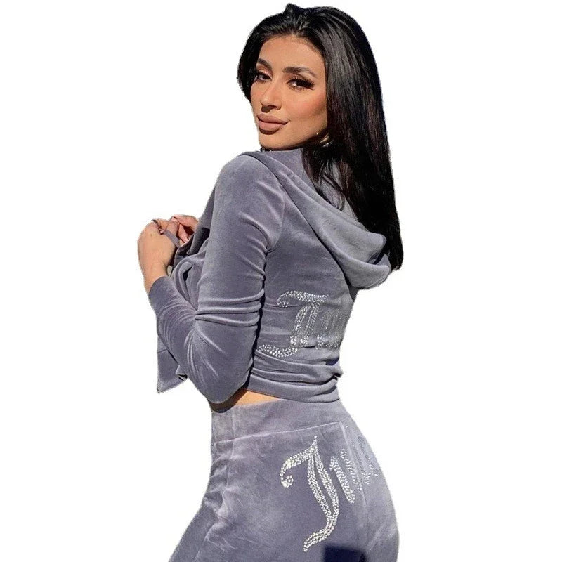 Velour Juicy Sewing Suit Hoodies Velvet Zipper Sweatshirt and Pants Set Sportswear 2023 Women's Spring/Fall Tracksuit Crop Top