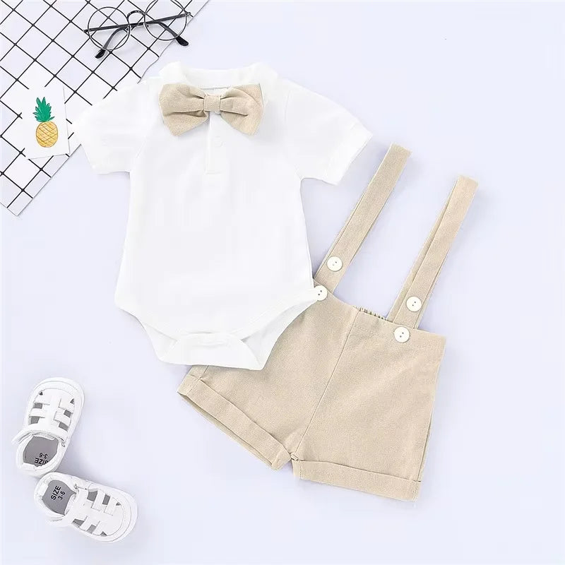 Mini Gentleman Outfit Newborn Baby Boy Formal Costumes Short Sleeve Shirt With Bow + Romper Short Pants Summer Fashion 2 Pcs Set