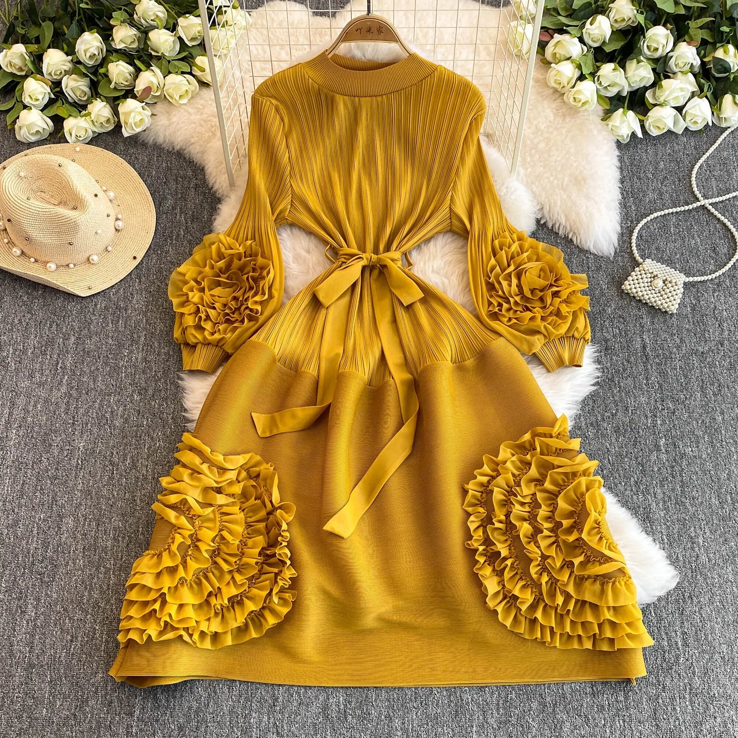 XFPV Women's Pleated Lace Elegant Temperament Lace Up Puff Sleeves High Waisted Dress Vestidos Y2k Fashion Spring Autumn 2024
