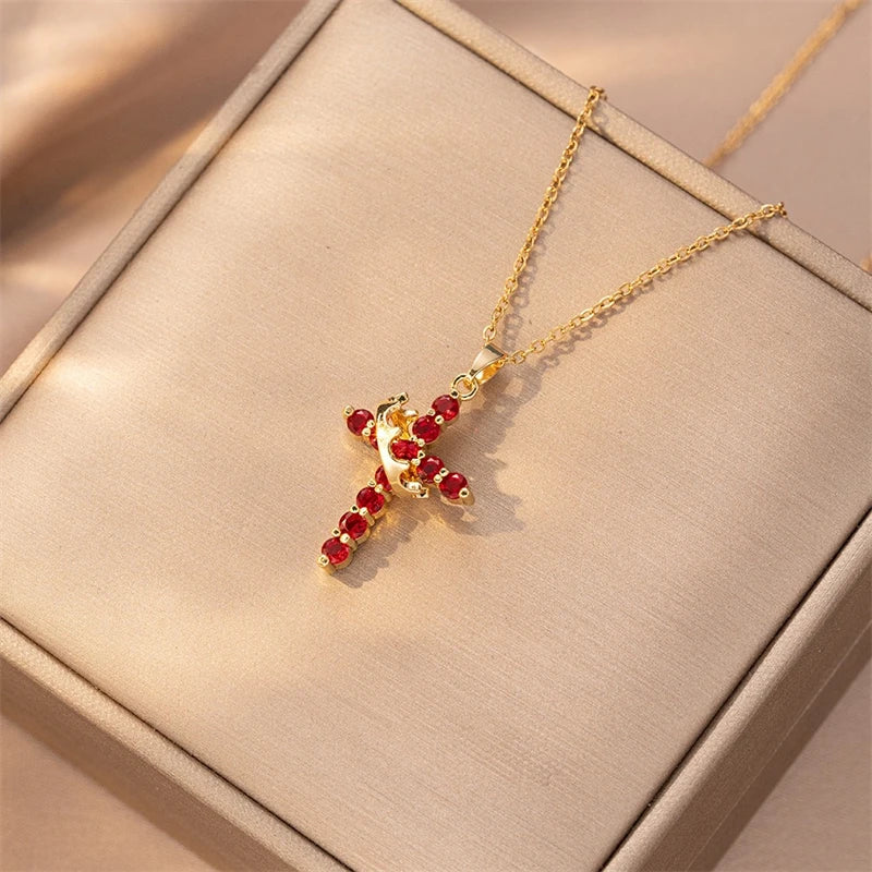 Exquisite Crown Cross Rhinestone Rotating Necklace for Women Fashion Copper Stainless Steel Necklace Party Banquet Jewelry Gift