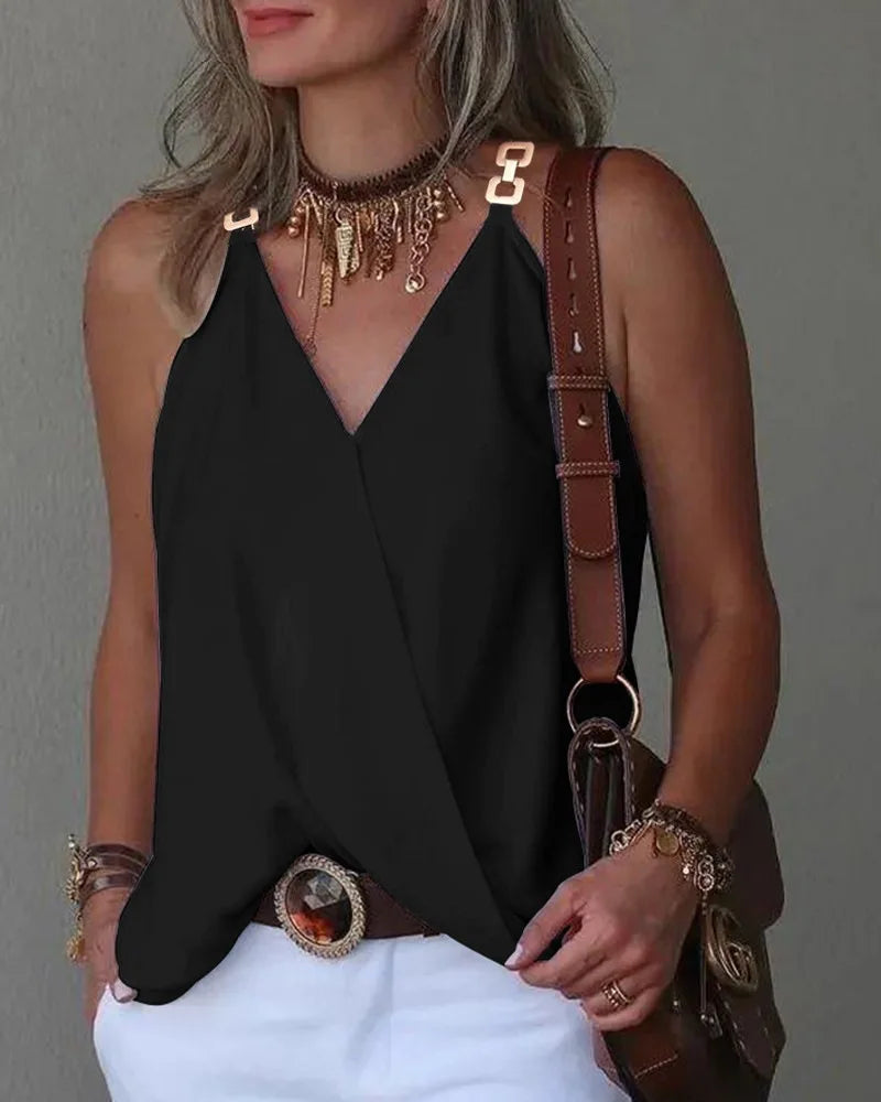 Women's Summer Simple V-neck Metal Buckle Printed Tank Top 2023 Sexy Women's Casual Sleeveless Loose Strap T-shirt