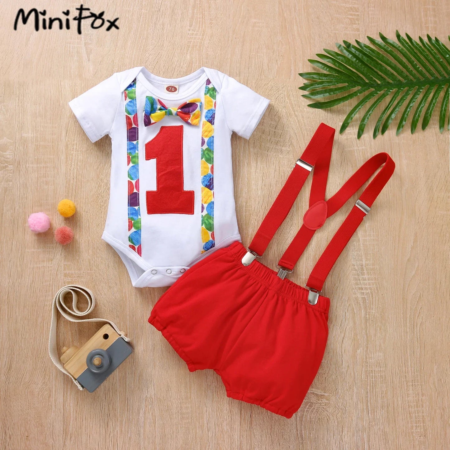 MiniFox Baby Boys Birthday Outfit For One Years Number"1“ Bodysuit and Y-back Suspender Shorts 1 Year Birthday Cake Smash Sets