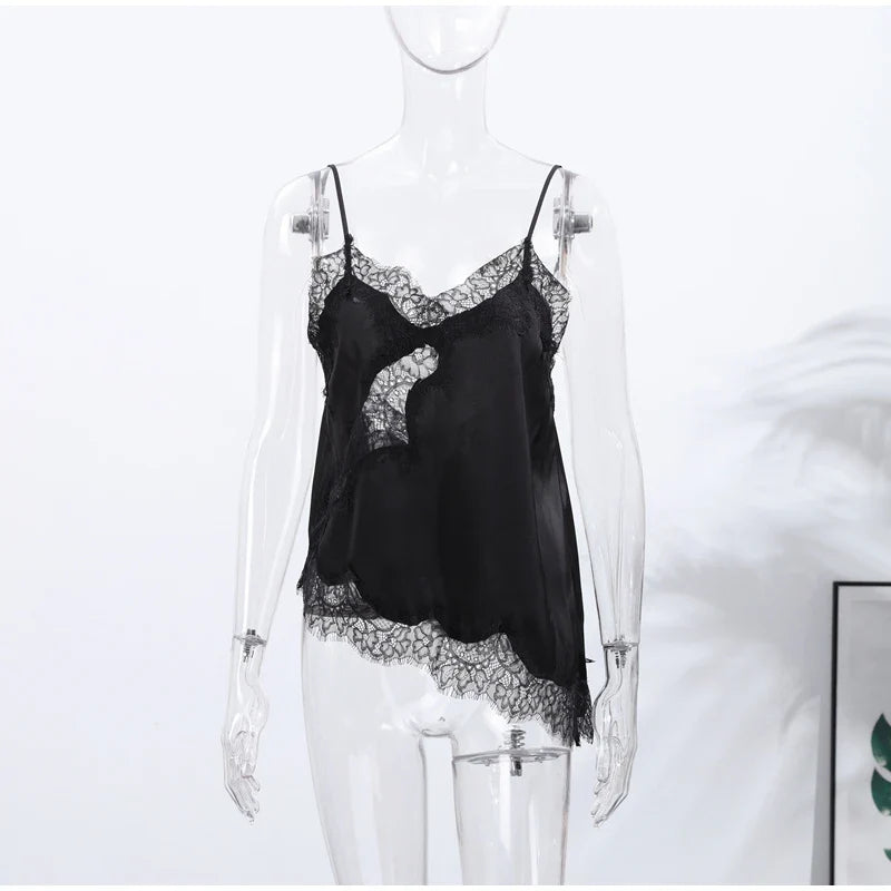 Brown Satin Sexy Lace Spliced Short Sling Dress Women V-neck Sleeveless Backless Asymmetric Party Dresses 2025 Summer Lady Robes