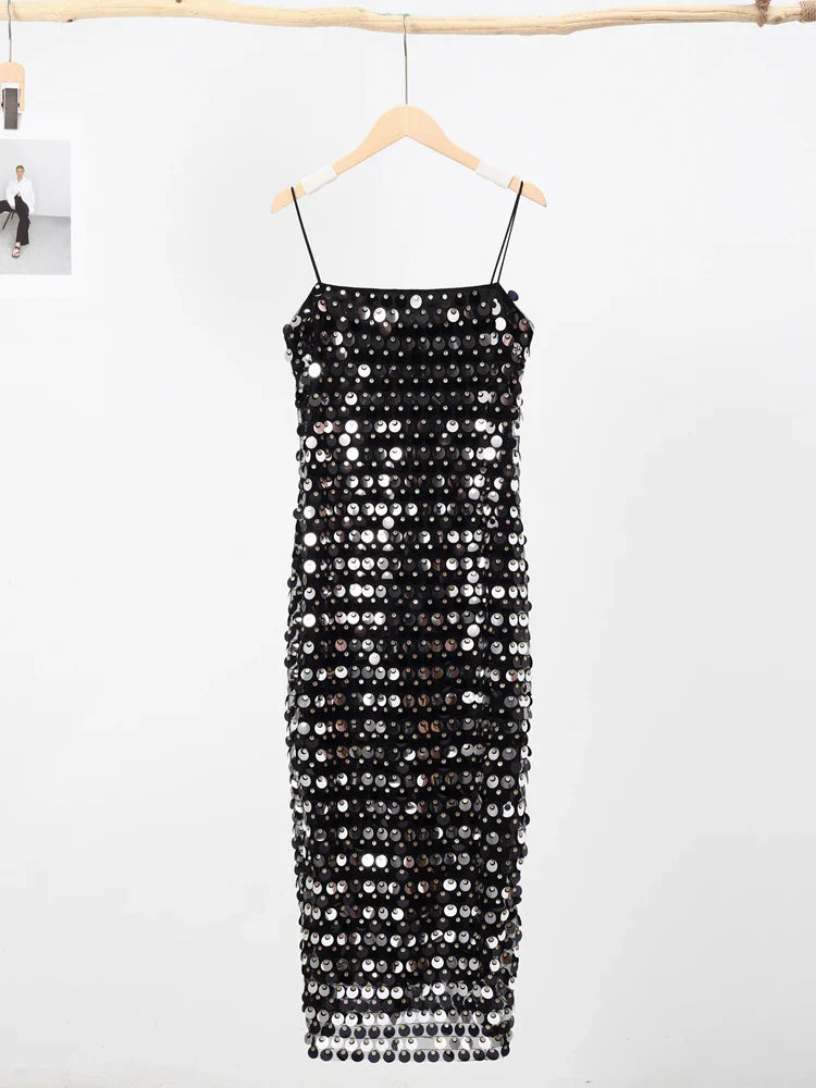 Sequined Tube Top Strap Dress Women Sexy Sleeveless Slim Solid Straight Long Vestidos Fashion Backless Slip Split Evening Robe