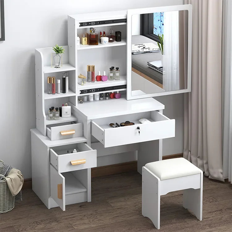 Wooden Table with Mirror, Home Makeup Table, 4 Drawers, Vanity Set with Folding Mirror