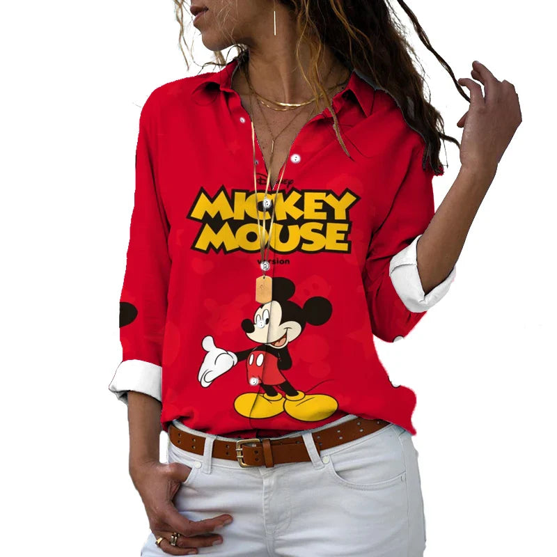 New 2024 Disney Harajuku Slim Fit 3D Print Women's Button Up Long Sleeve Lapel Mickey Minnie Casual Cute Shirt y2k