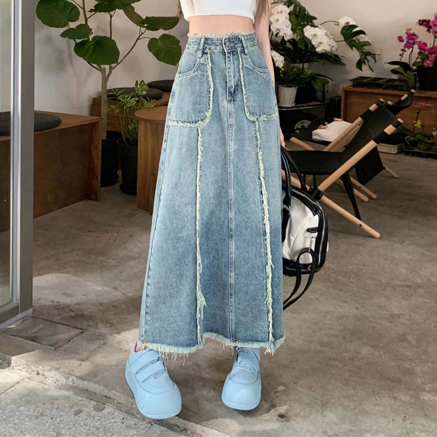 Retro High Waist Denim Skirt For Women Streetwear Y2k Korean Style Skirt Splicing Raw Edge Jeans With Pockets Large Size Skirt