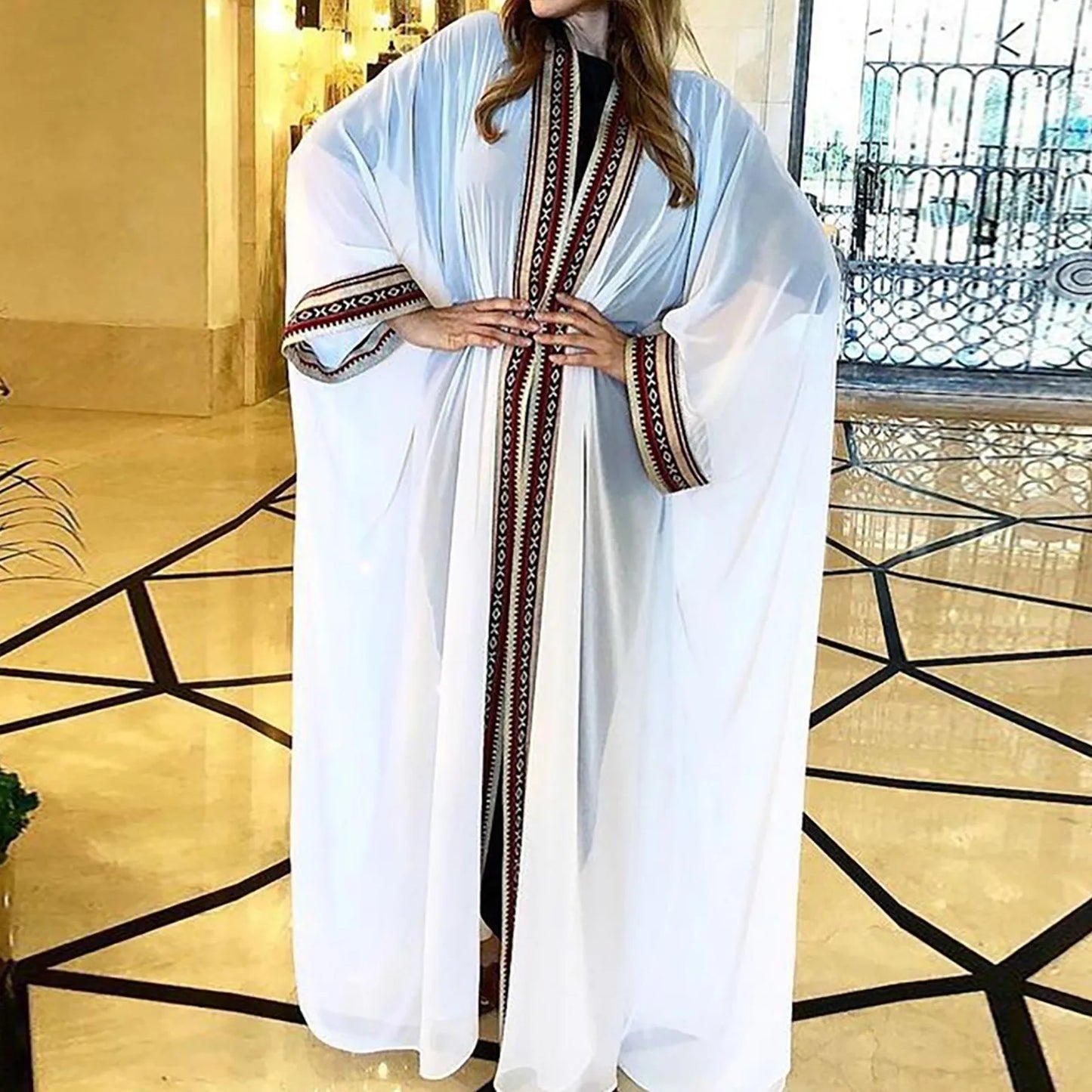 White Chiffon Long Maxi Kimono Cardigan Women Beach Cover Up Embroidery Edge with Belt Tunica Kaftans Femininos Beachwear 2024