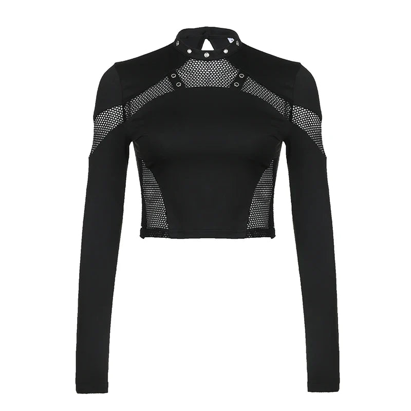 Darlingaga Gothic Dark Skinny Women T-shirts Fishnet Spliced Harajuku Crop Top Hollow Out Eyelet Punk Tee Shirt Stand Collar New