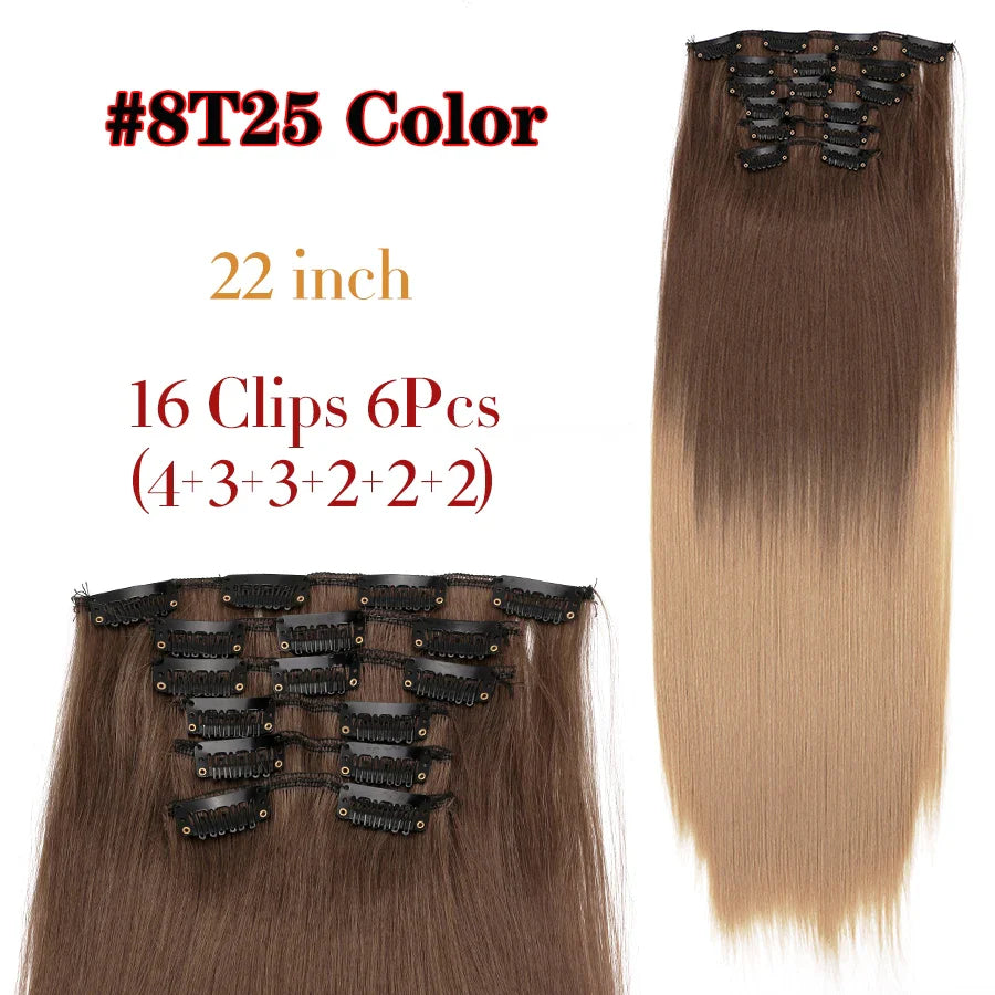 Leeons 16Clips Long Straight Synthetic Clip On Hair Extensions Cheveux Clip Naturel High Temperature Fiber Black Brown Hairpiece