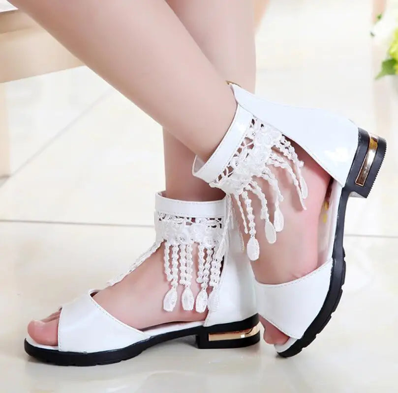 3 5 9 10 12 Year Kids Bow Sandals, Cute Princess Fashion High Heels Tassel School Shoes.