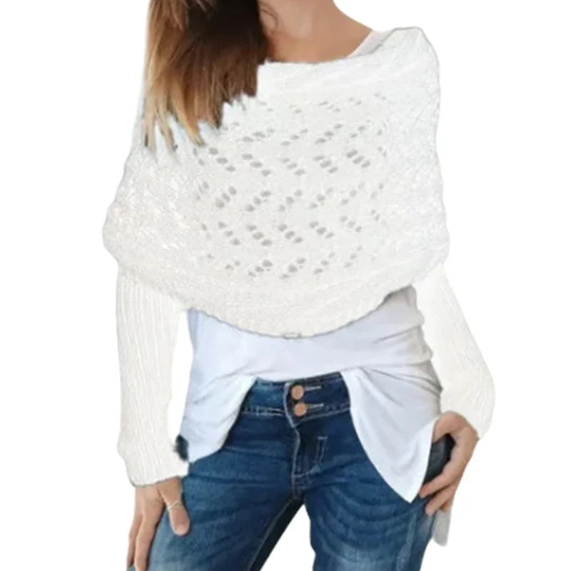〔CC88〕Autumn and Winter Long Shawl Knitted Hollow Out Fashion Casual Wraps Shoulder Sweater Scarf with Lengthened Double Sleeves