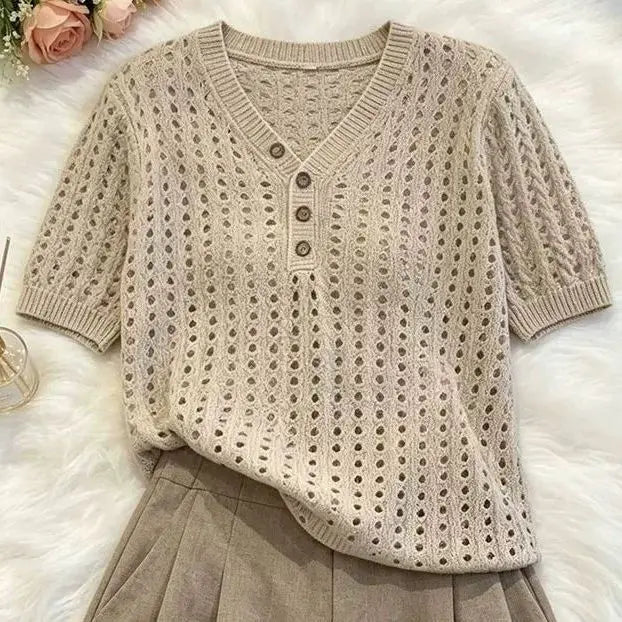 Elegant Casual 2 Piece Set 2026 Women Crochet Knit V Neck Button Short Sleeve Top High Waist Tailored Shorts Daily Summer Outfit