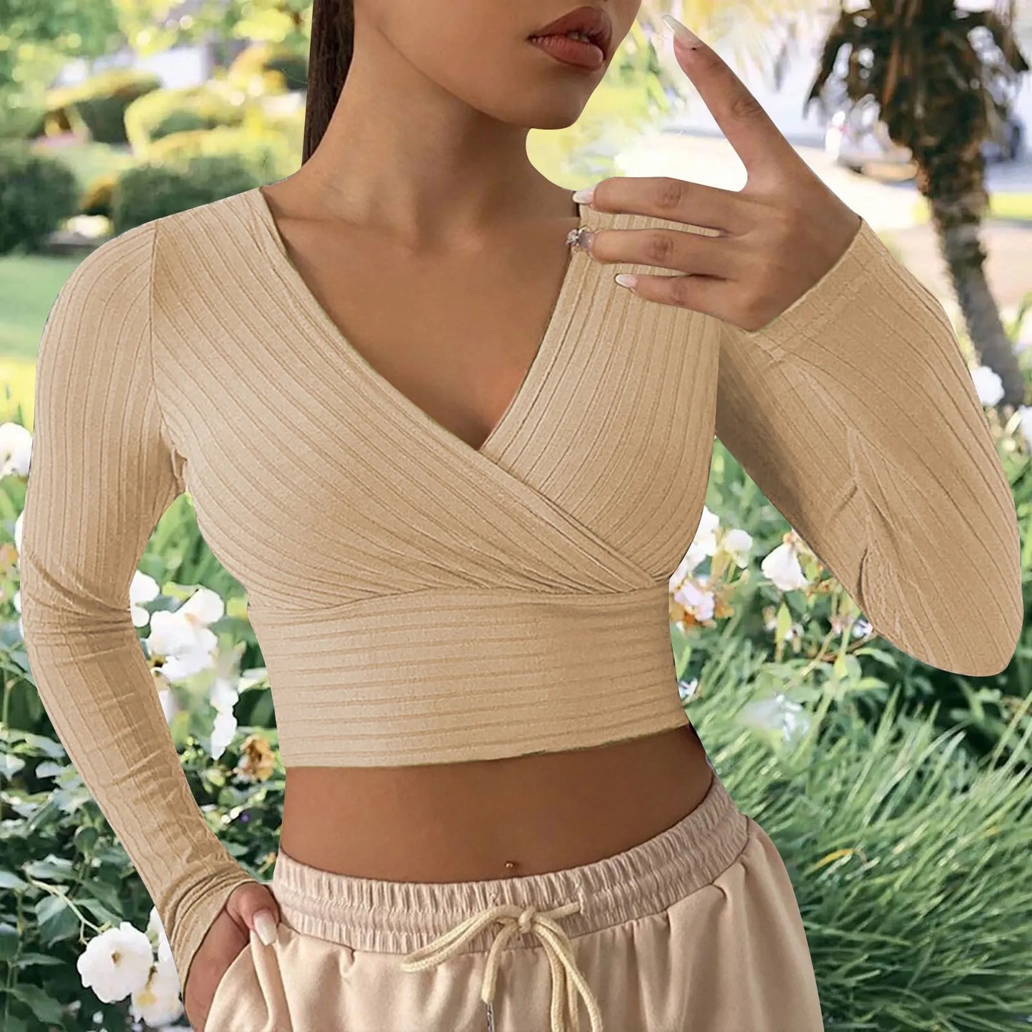 Sexy Cross Wrap V Neck Ribbed Knit T Shirt Women's Crop Tops Sexy Slim Fit Solid Spring Fall Long Sleeve Y2k Clothes Pink Tops
