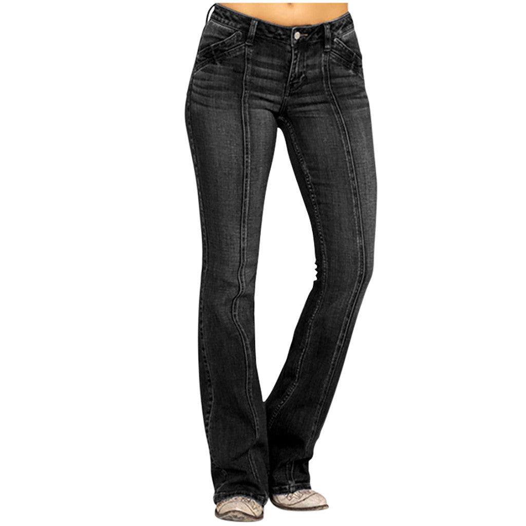 Denim Jeans For Women Mid Waisted Denim Jeans Embroidery Stretch Button Flare Pants Jeans Loose Casual Straight Jeans Vaqueros
