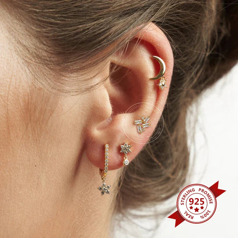 925 Sterling Silver Ear Needle Geometric Zircon Metal Earrings for women Shiny Crystal Luxury Small Stud Fashion Wedding Jewelry