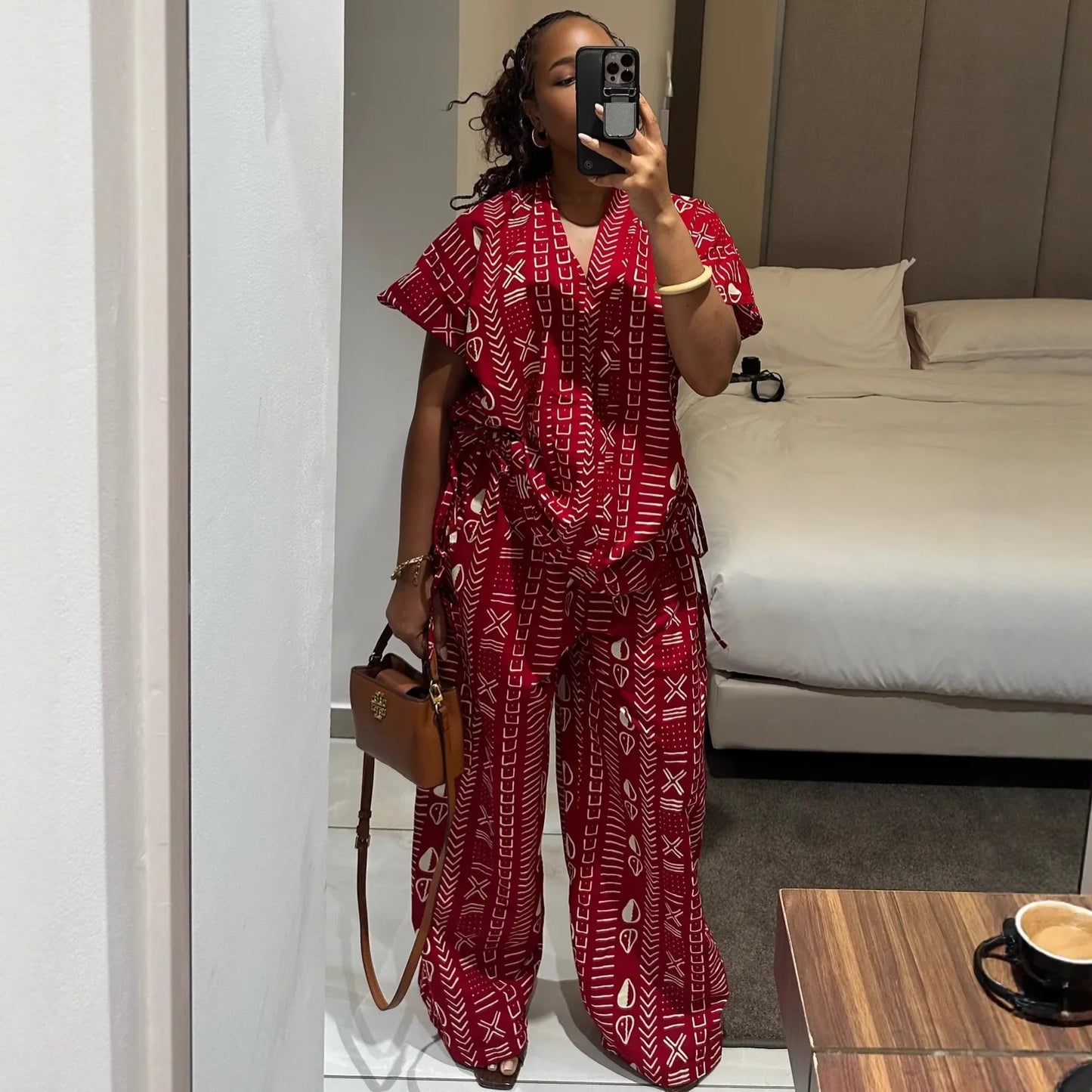 Women Two Pieces Pant Sets Solid Matching Set Pullover V Neck Printing Top High Waist Lace Up Pants Loose Fit Casual 2025 Summer