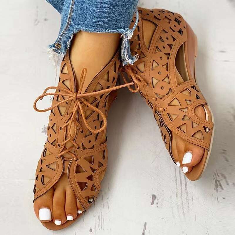 New Womens Gladiator Sandals Summer Retro Wedge Lace Up Mesh Shoe Casual Open Toe One Word Buckle Sandals Plus Size 36~42