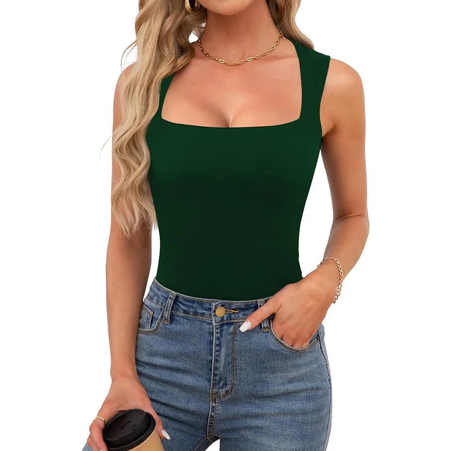 Sexy Slimming T-Shirts for Women Fashion Square Neck Sleeveless Tops Harajuku Tanks Woman Clothes Casual Top Tees Streetwear
