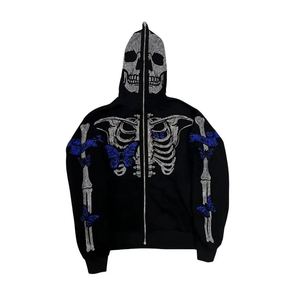 Unisex Hoodie Rhinestone Ghost Skeleton Halloween Hoodie with Zipper Closure Pockets for Unisex Party Cosplay Costume Fall