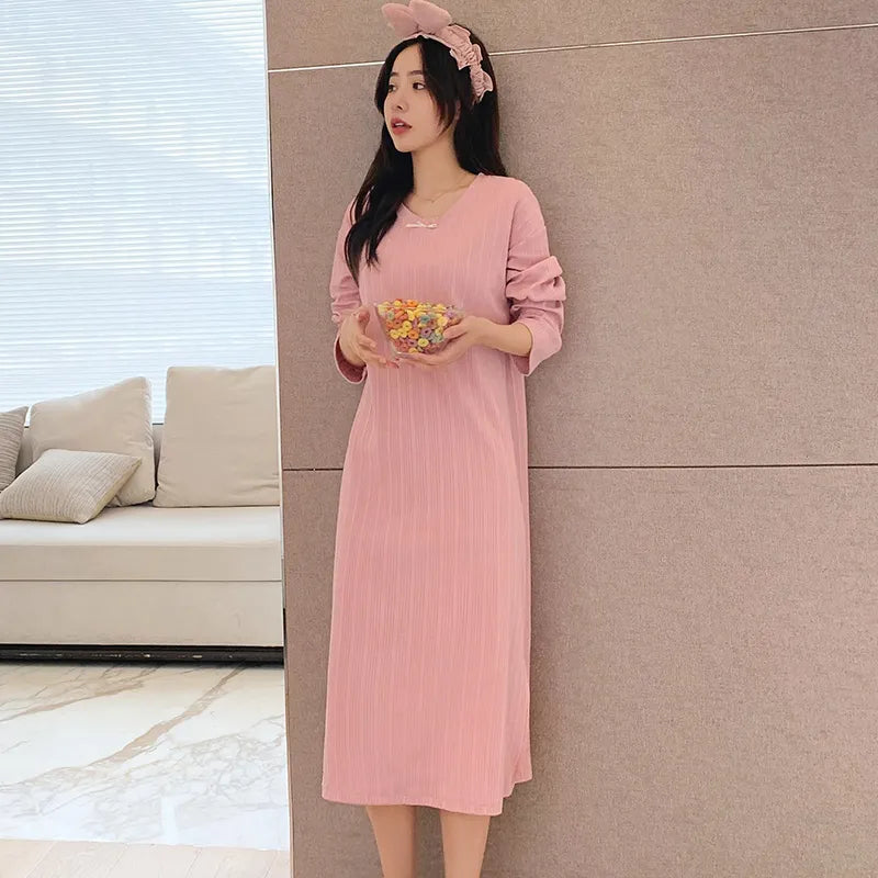 Modal Chic Long Knitted Women Home Dress O Neck New Autumn Winter Solid Kawaii Fashion Night Gown Woman Nightgown for Girls