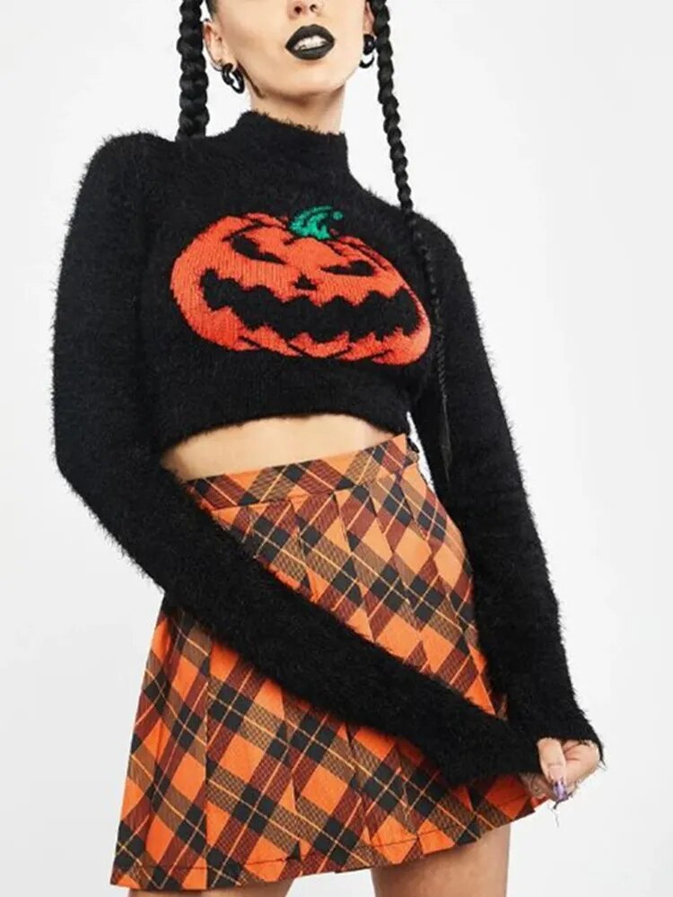 Halloween Sweater Turtleneck Pullover Crop Long Sleeves Halloween Grunge Top