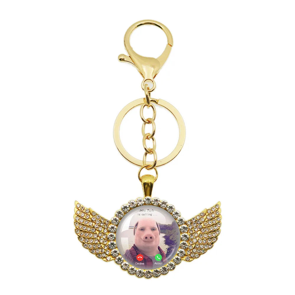 New John Pork Is Calling Answer Call Phone Humor Funny Pig Lover Graphic Meme Glass Dome Pendant Cabochon Keychain Jewelry Gifts