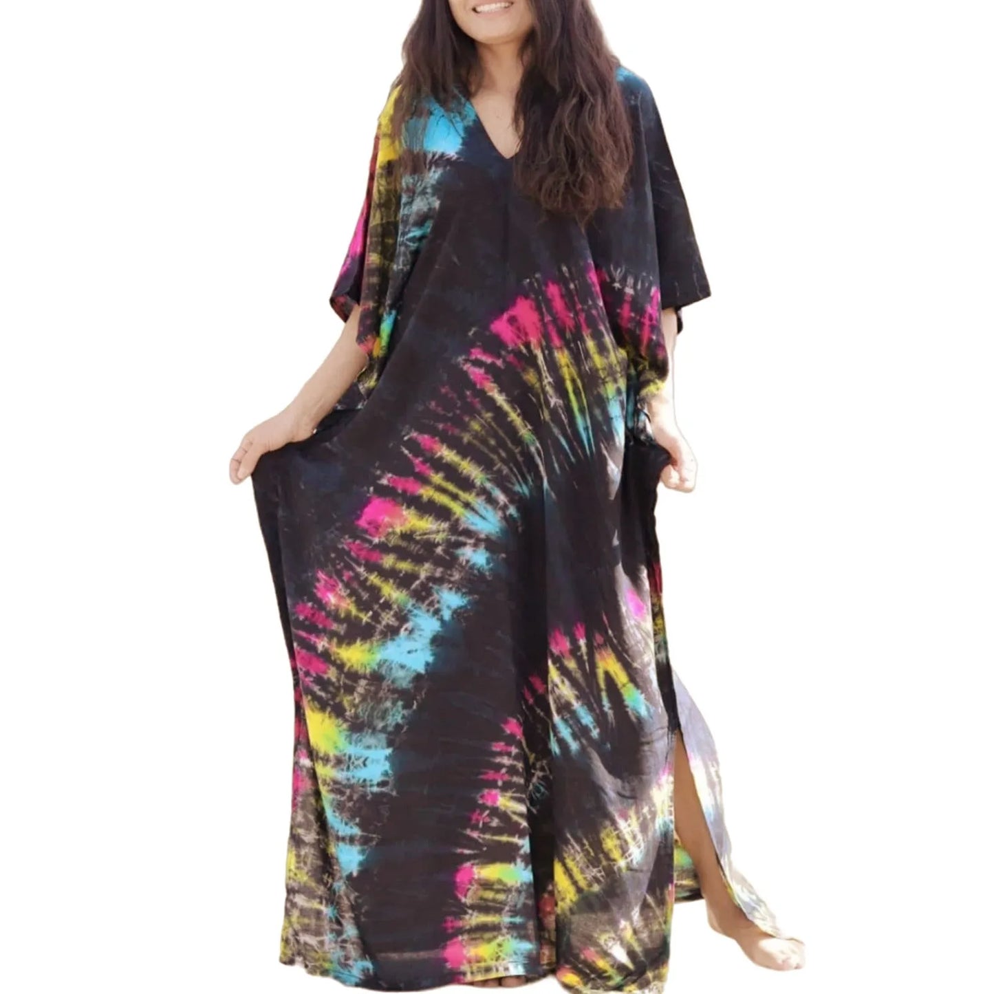 Womens Plus Size Kaftans Casual V Neck Puff Sleeve Boho Loose Floral Long Soft Beach Maxi Summer Swing Party Dresses For Women