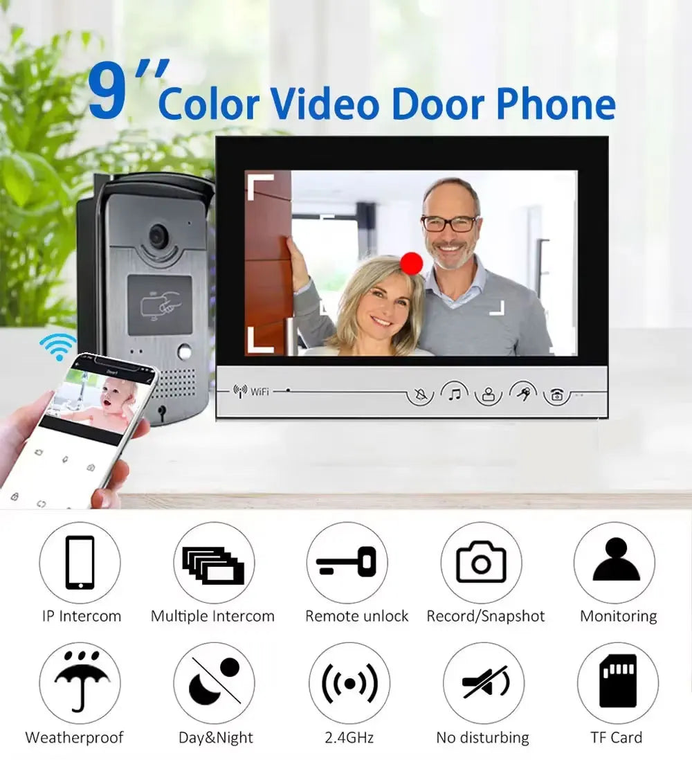  WiFi Video Doorphone Intercom 4 Wire 1V1/1V2 9 inch LCD RFID Camera Doorbell Access Control System APP Unlock W/ Electric Lock