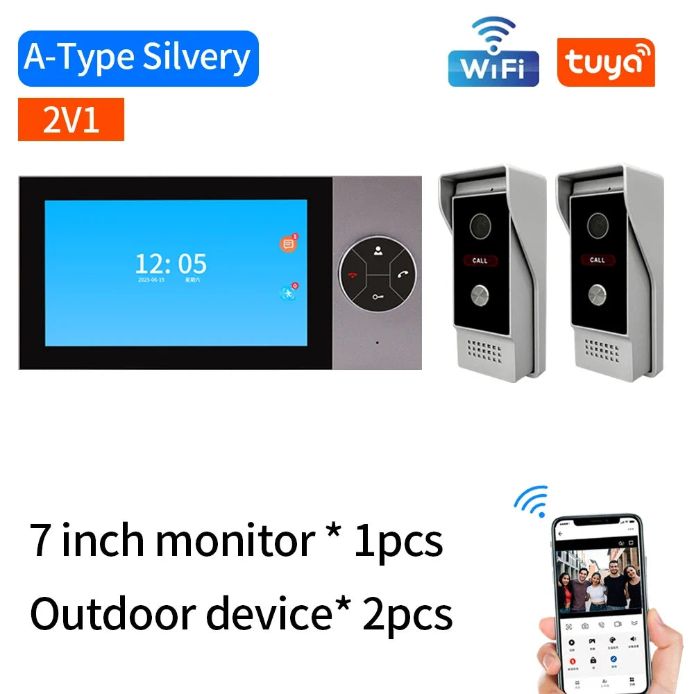 Wifi Wired Smart Home Video Door Intercom System 7" Color Screen Monitor AHD 1080P Doorbell Tuya App Remote Unlock