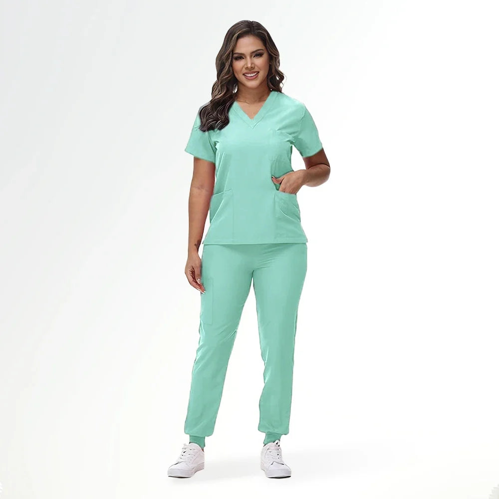 Stretchy Nurse Uniforms V-neck Top Jogger Pants Scrub Sets Surgical Workwear Dentist Nursing Suit Hospital Doctor Outfit S21