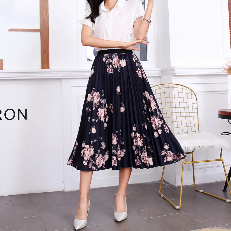 2023 Summer Women Cartoon Print Pleated Skirts A Line High Waisted Elastic Midi Long Skirt Ladies Party Korean Style Dresses