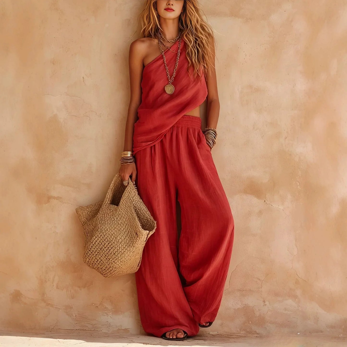 Womens Casual Matching Set Summer Linen Wide Leg Pants Jumpsuit Two Piece Outfits