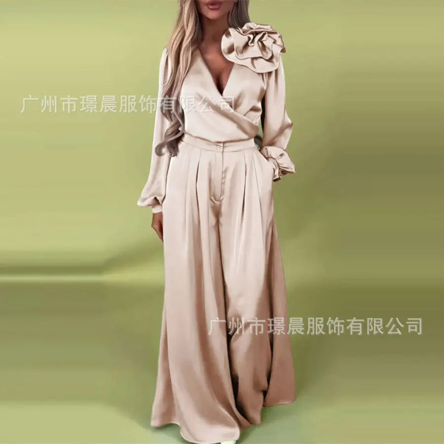 Fashion 2 Piece Set Women Outfit 2025 Apring Summer Casual Long Sleeve V-neck Blouse And Wide Leg Pant Sets Female