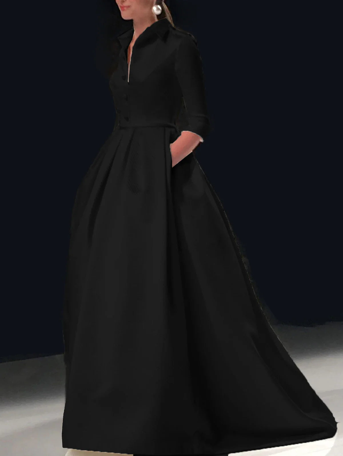 Elegant A Line Maxi Wedding Dress Women Solid Party Evening Bridesmaid Long Dress Pockets Turndown Collar Women Vestidos