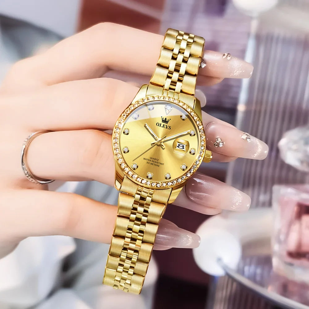 OLEVS Top Brand Women's Watches Elegant Simple Original Quartz Watch for Man Diamond Dial Waterproof Luminous Date Wristwatch