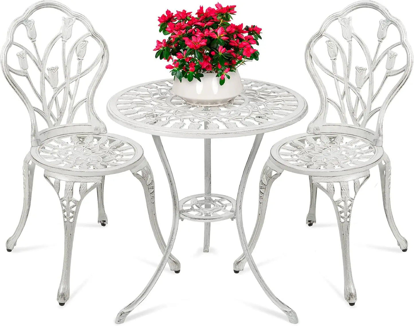 3-Piece Outdoor Rust-Resistant Cast Aluminum Patio Bistro Set w/Tulip Design, Antique Finish - White