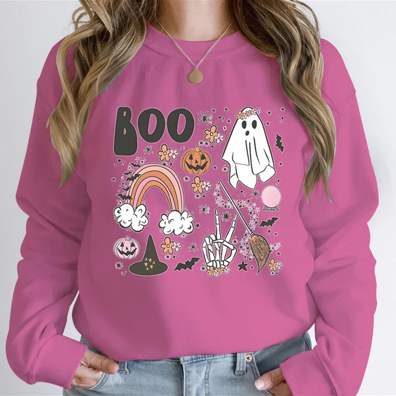 Halloween Ghost Sweatshirt Women Pumpkin Skeleton Hand Graphic Funny Hoodies The Boo Pumpkin Ghost Vintage Halloween Sweatshirt