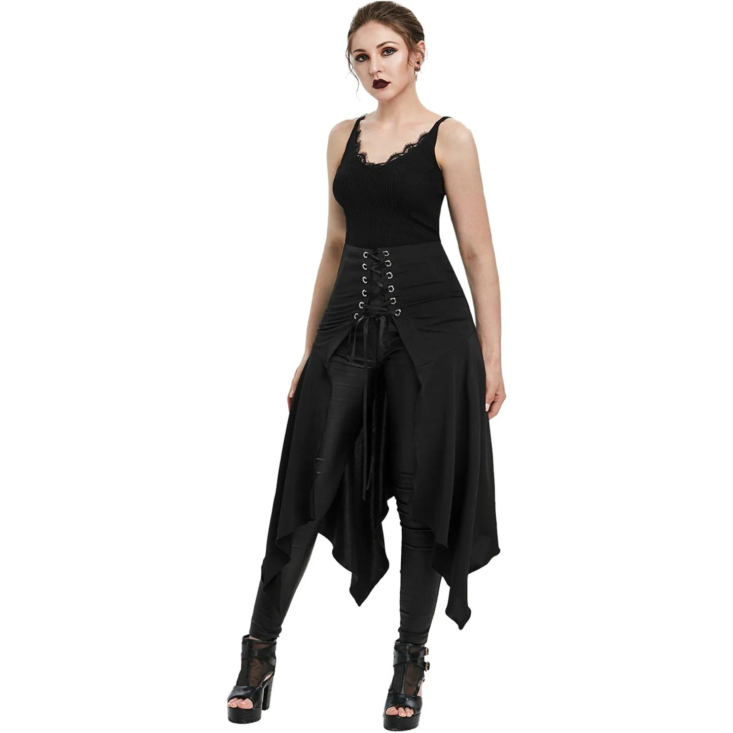 Medieval Vintage Irregular Black High Waist Skirt Women's Fashion Front Slits Punk Steampunk Halloween Gothic Cosplay Costume