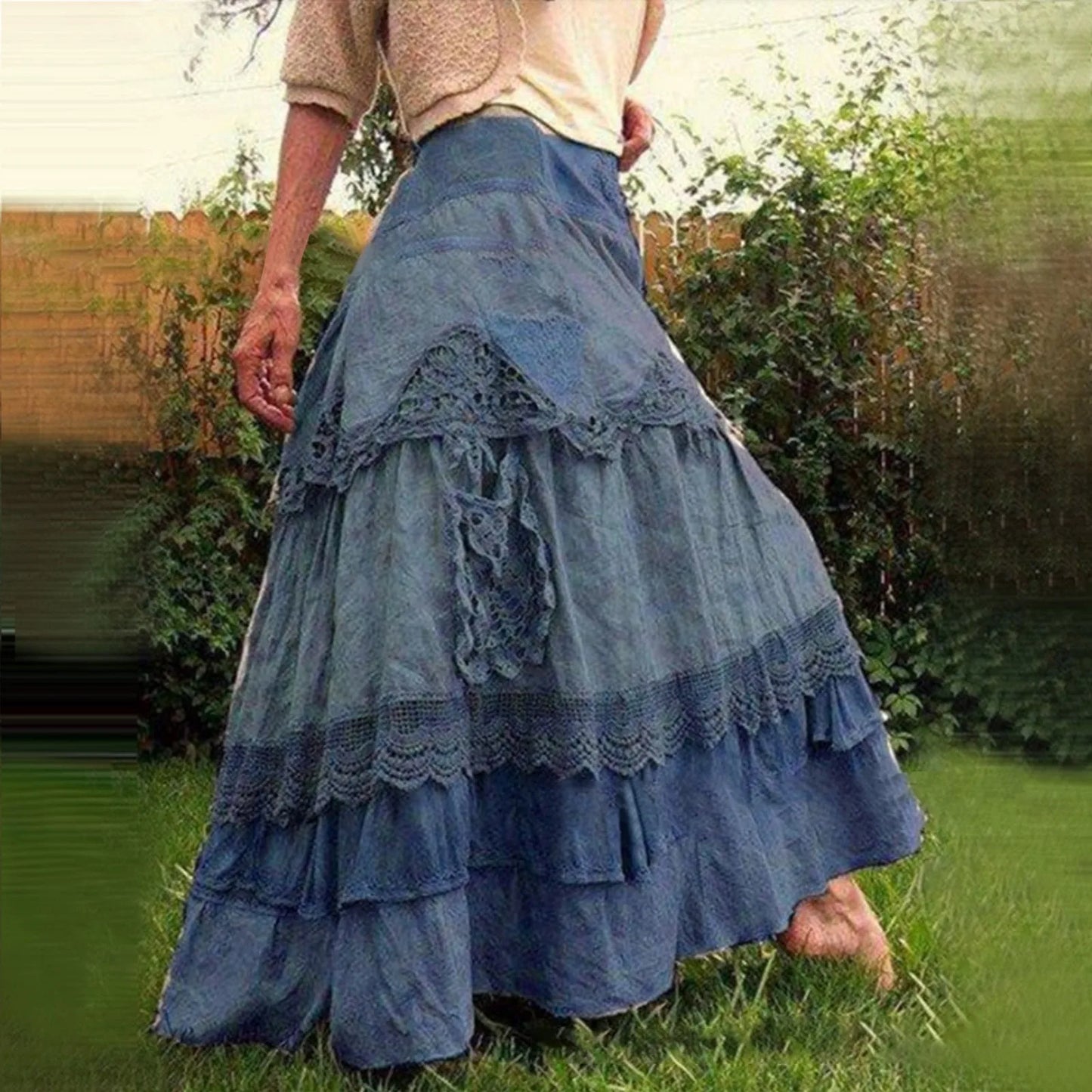 Long Maxi Skirts For Women 2024 Summer Boho Tiered Long Lace Skirt Maxi Net Flared Elegant Button Plus Size Cotton Skirt New