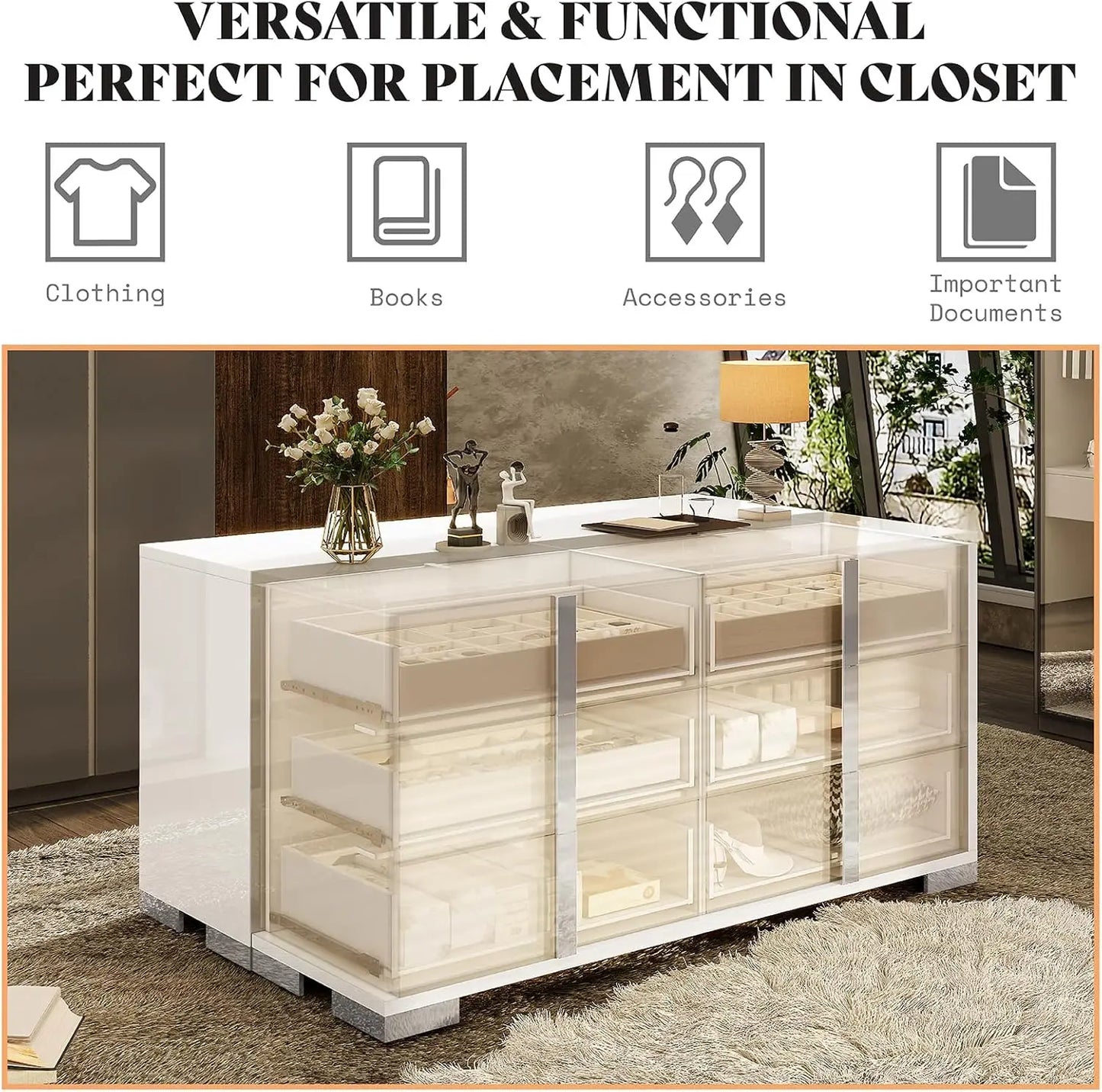 Modern Storage Chest of Drawers with Wide Tabletop, 54" W High Gloss 6 Drawers Dresser with Silver Grooved Handles.