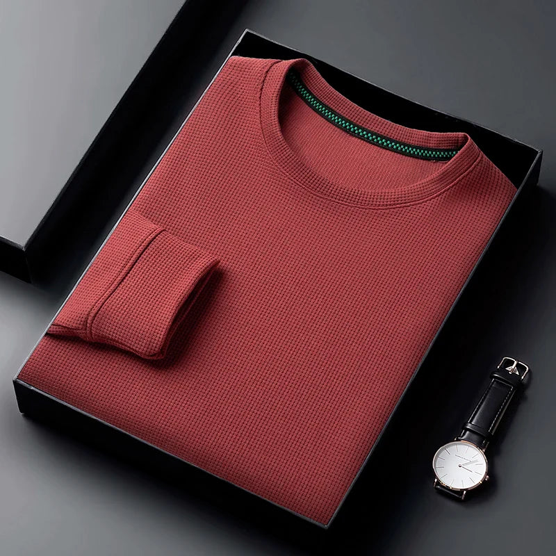 Men Casual Waffle Round Neck T-shirt Breathable, Comfortable, and Fashionable Long Sleeved T-shirt.