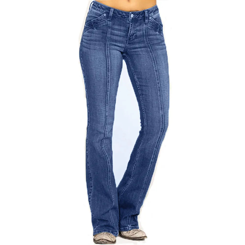 Denim Jeans For Women Mid Waisted Denim Jeans Embroidery Stretch Button Flare Pants Jeans Loose Casual Straight Jeans Vaqueros