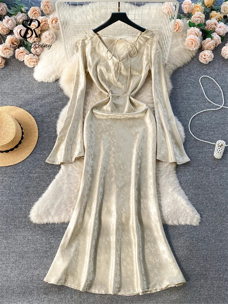 SINGREINY Senior Court Party Fishtail Dress Fashion V Neck Lace up Slim Chic Women Elegant Flare Sleeves France Retro Sexy Dress