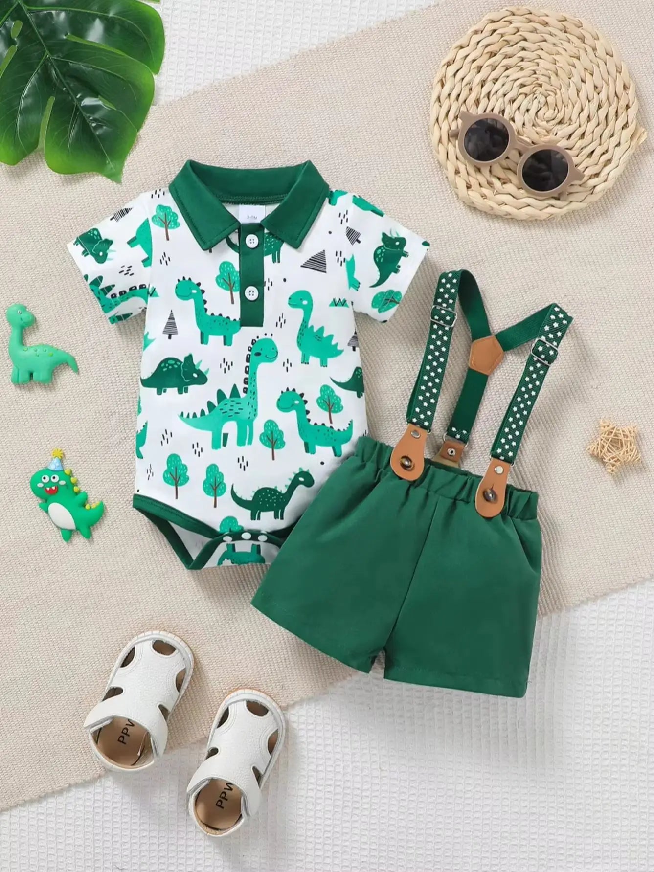 Baby Boy Summer Outfit 2-Piece Set Cartoon Dinosaur Print Polo Short Sleeve Romper with Fashionable Cute Overalls