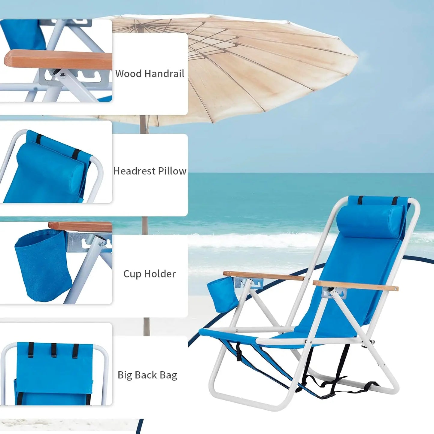 Foldable Reclining Beach Chair 2 Pack, Portable Camping Chairs with Straps,Backpack Beach Chairs for Adults with Headrest, Cup H