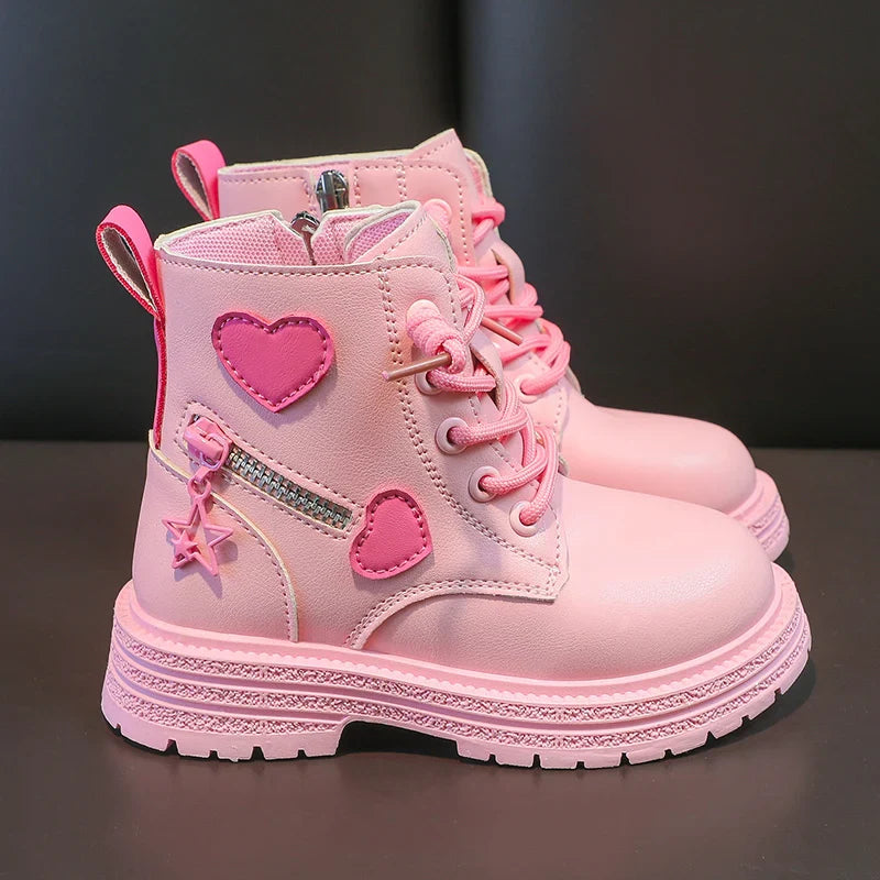 Kids Fashion Rubber Boots Cool Girl Autumn and Winter Cotton Soft Sole Pink with Love Side Zip Princess Round-toe PU Girls Boots