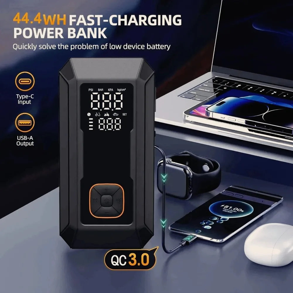 Car Jump Starter with Air Pump 4000A Auto Battery Booster &150PSI Tire Inflator.