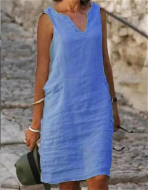 New Pure Color V-Neck Sleeveless Large Size Casual Linen Dress Comfortable Breathable Women's One-Piece Summer Dresses